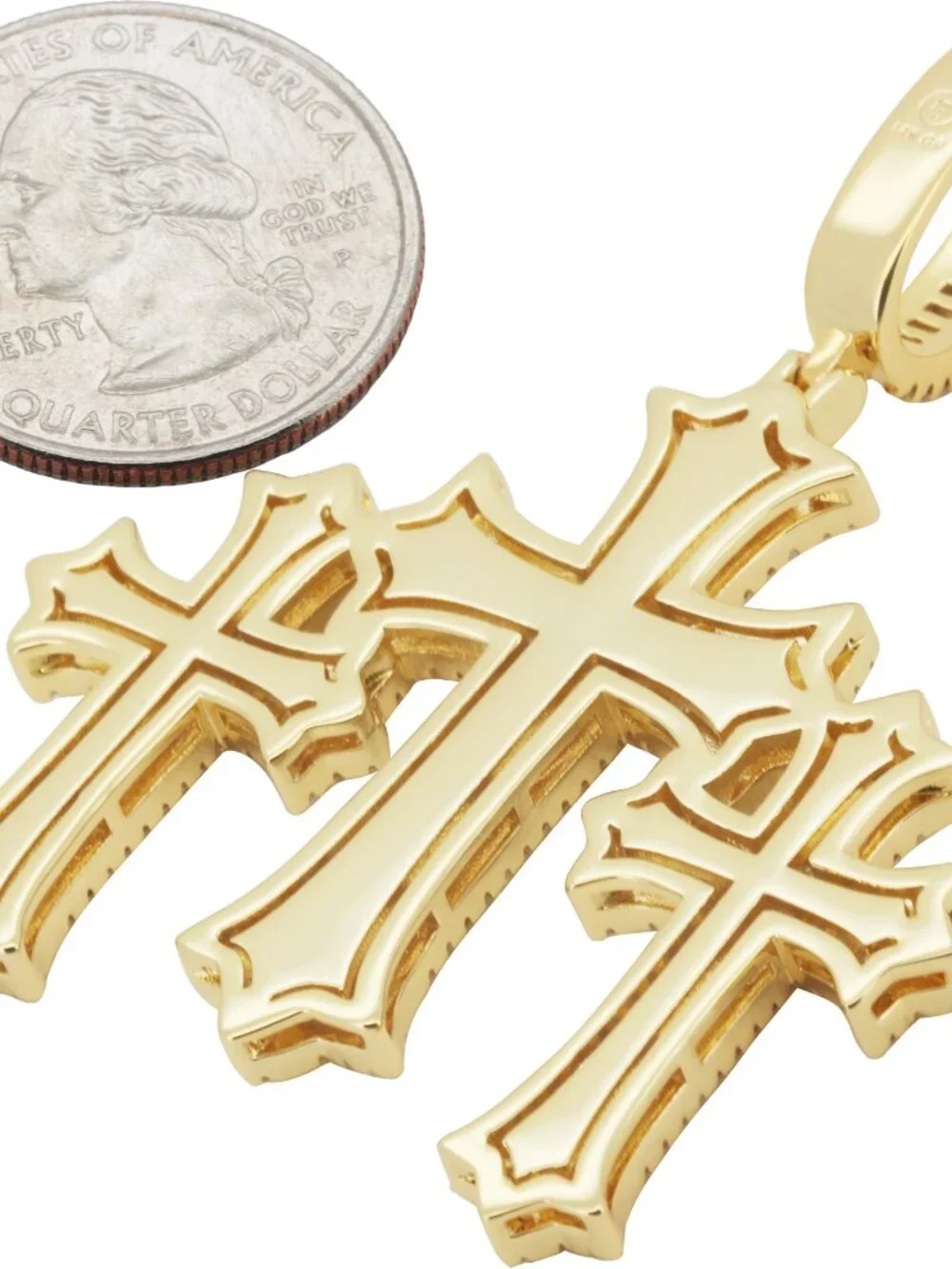 14k Yellow/White Gold Plated AAA CZ Baguette Flared Triple Cross Pendant